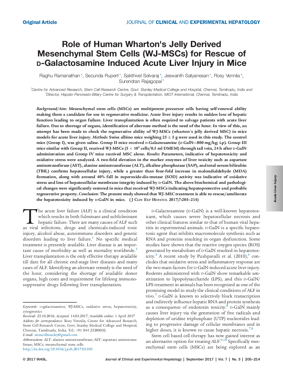 Role of Human Wharton's Jelly Derived Mesenchymal Stem Cells (WJ-MSCs) for Rescue of d-Galactosamine Induced Acute Liver Injury in Mice