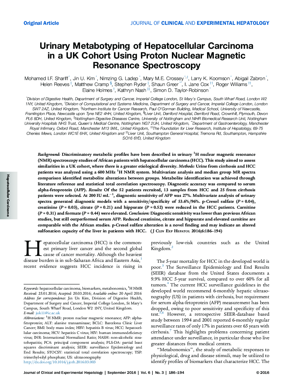 متابولیسم ادراری کارسینوم هپاتوسلولار در یک گروه کوهورت انگلستان با استفاده از طیف سنجی رزونانس مغناطیسی هسته پروتون 