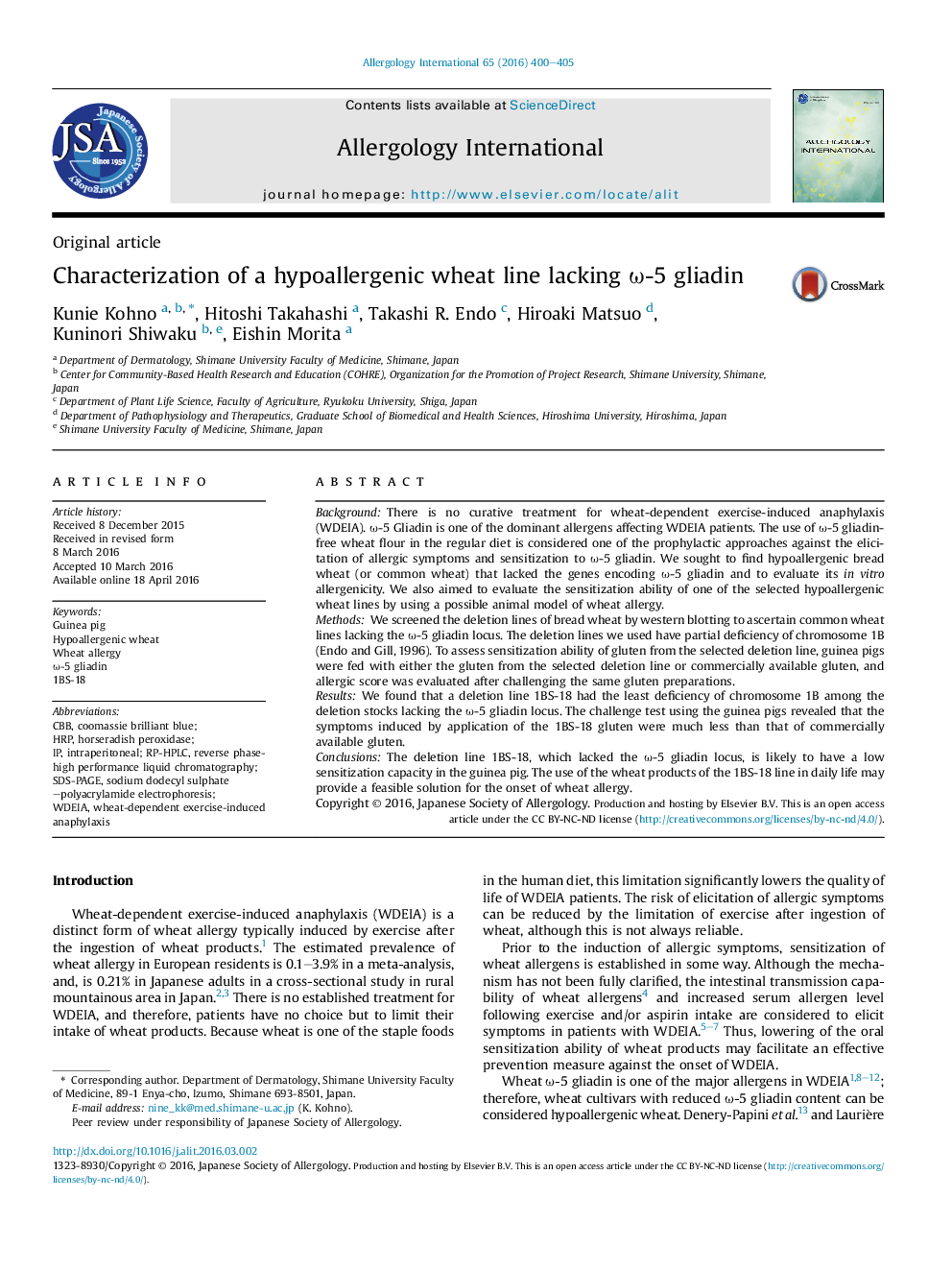 Characterization of a hypoallergenic wheat line lacking Ï-5 gliadin