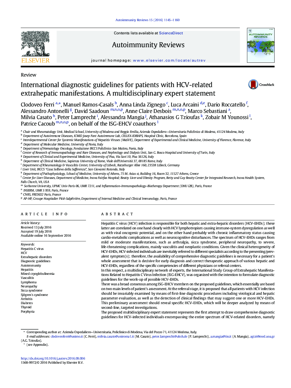 International diagnostic guidelines for patients with HCV-related extrahepatic manifestations. A multidisciplinary expert statement