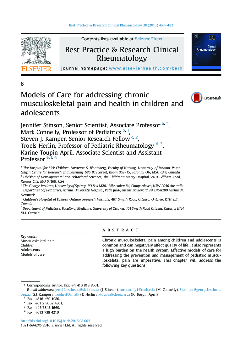مدل های مراقبت برای رفع درد و سلامت عضلانی اسکلتی مزمن در کودکان و نوجوانان 
