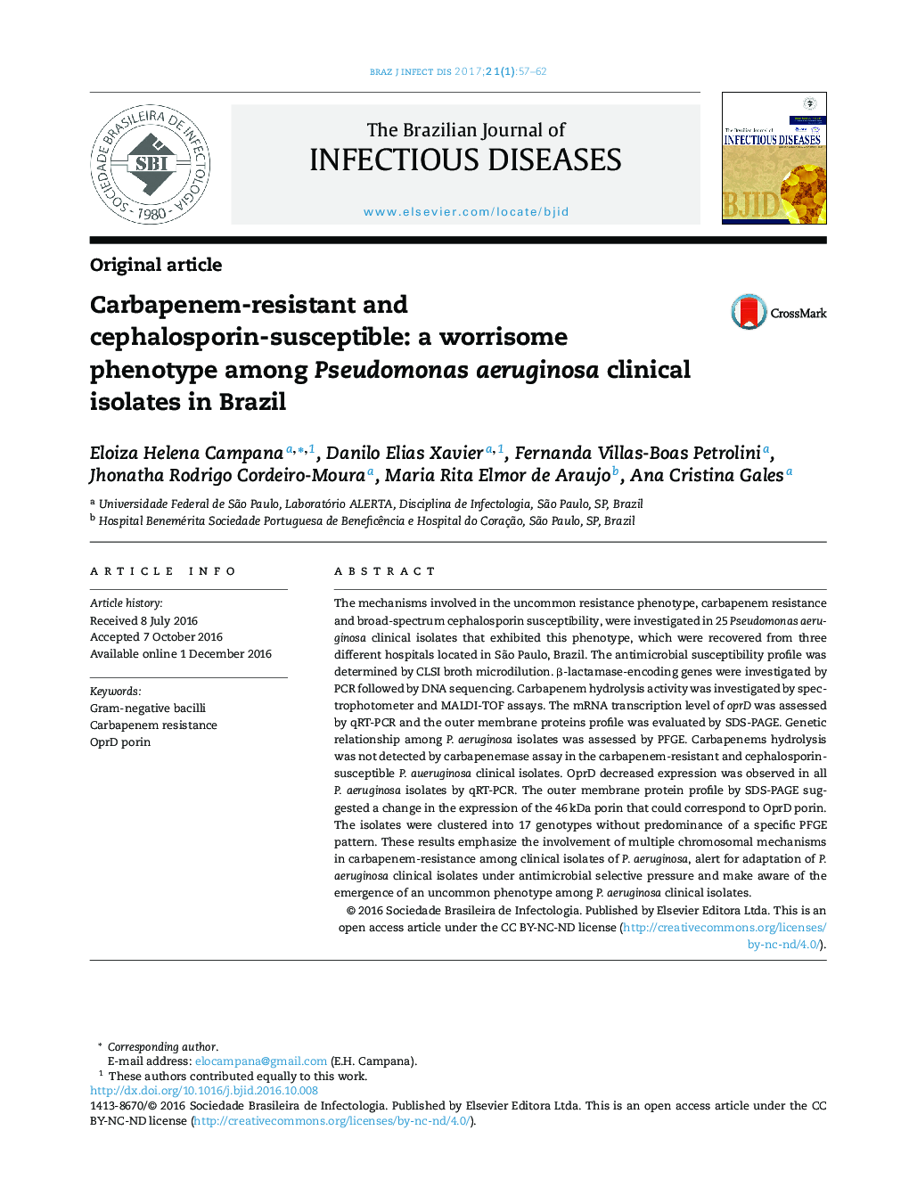 حساسیت مقاوم به کرباپنم و سفالوسپورین: یک فنوتیپ نگران کننده در جدایه های بالینی پوسیدوموناس آئروژینوزا در برزیل 