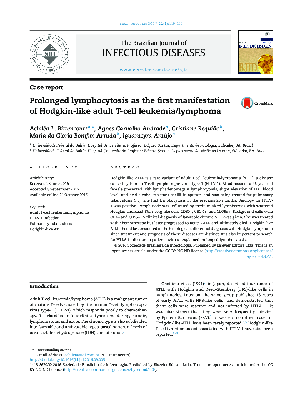 Prolonged lymphocytosis as the first manifestation of Hodgkin-like adult T-cell leukemia/lymphoma