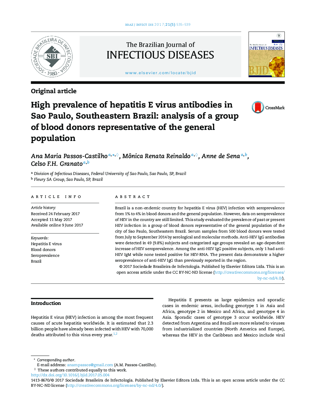 High prevalence of hepatitis E virus antibodies in Sao Paulo, Southeastern Brazil: analysis of a group of blood donors representative of the general population