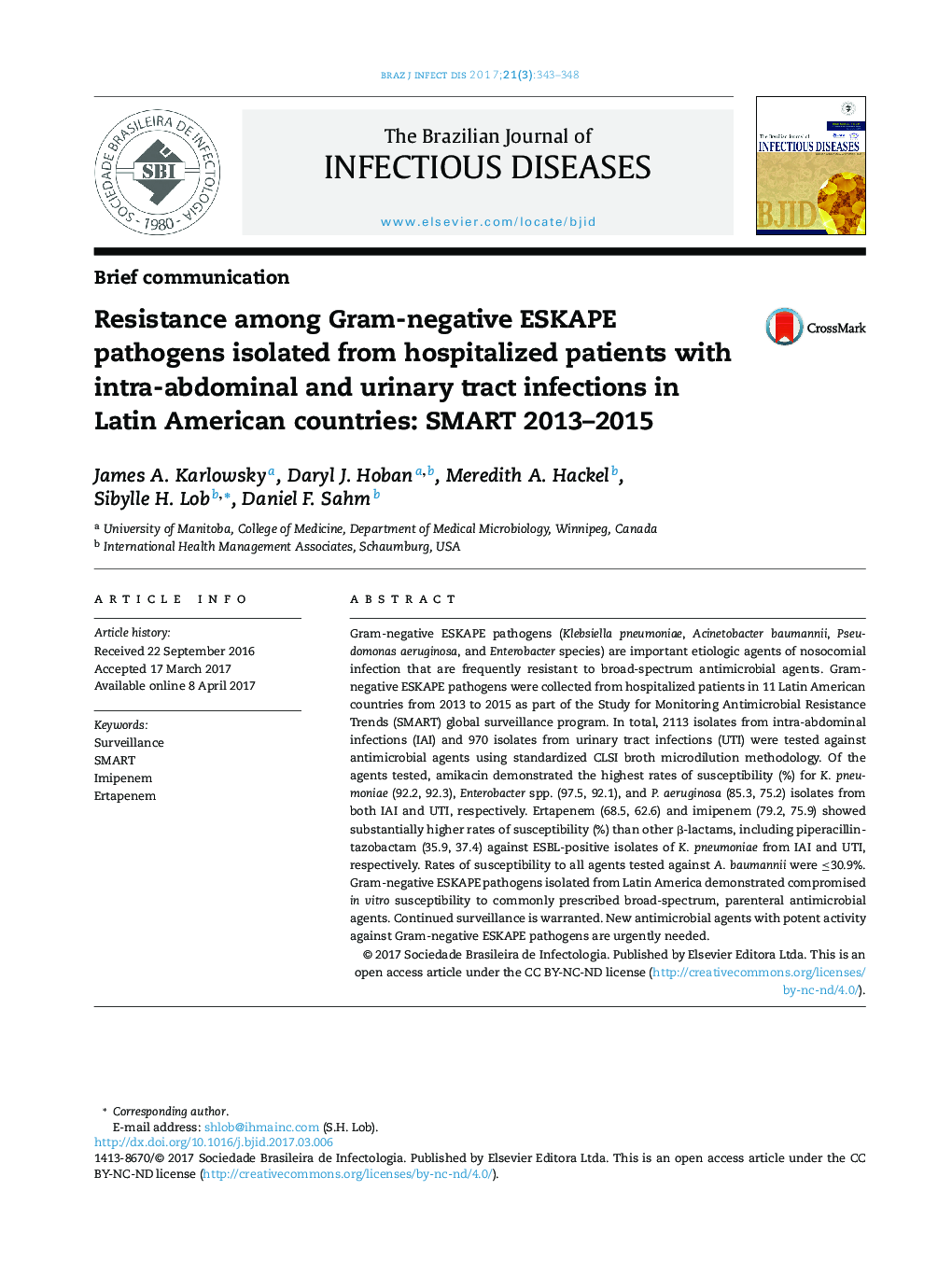 Resistance among Gram-negative ESKAPE pathogens isolated from hospitalized patients with intra-abdominal and urinary tract infections in Latin American countries: SMART 2013-2015