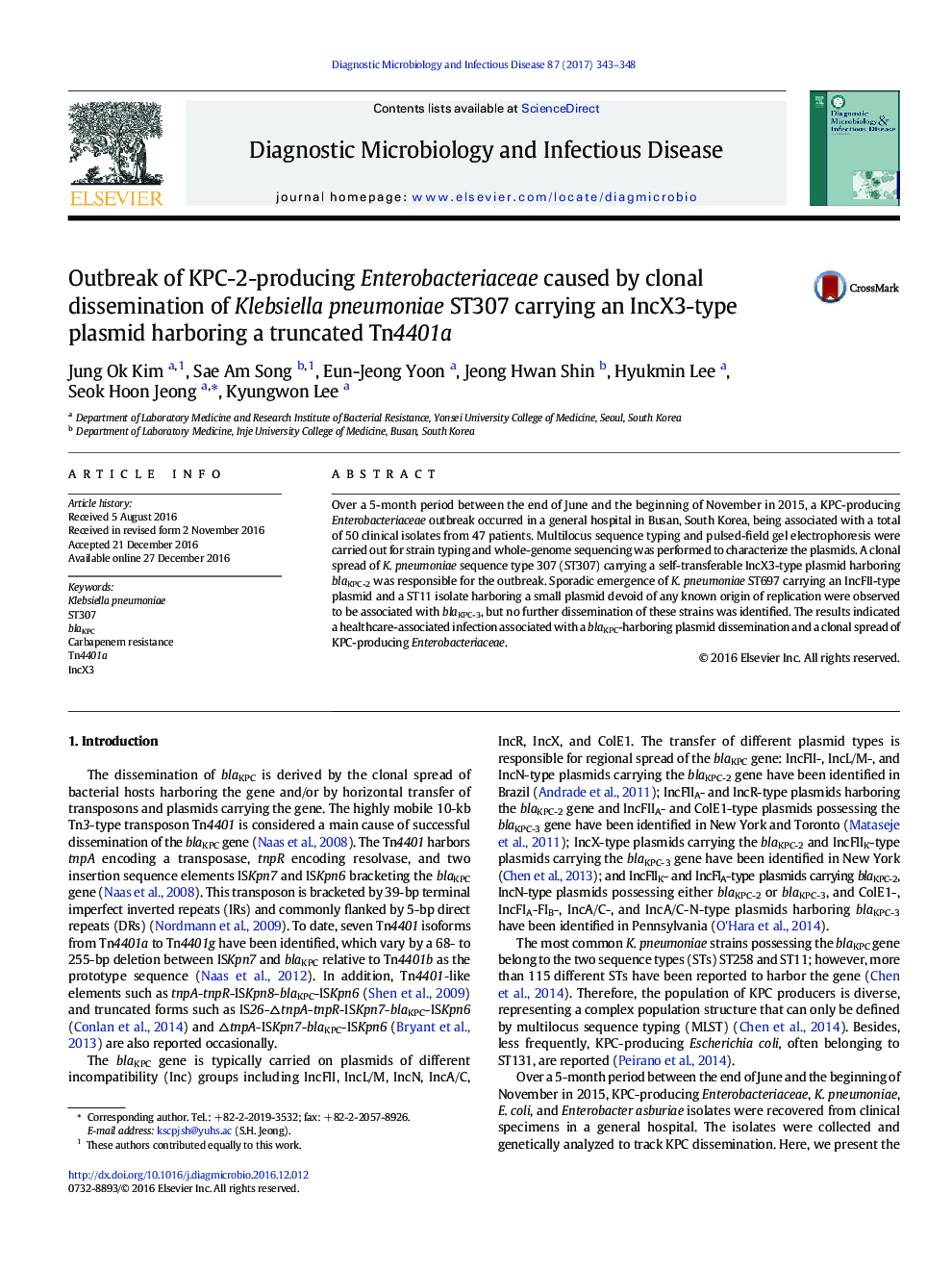 Outbreak of KPC-2-producing Enterobacteriaceae caused by clonal dissemination of Klebsiella pneumoniae ST307 carrying an IncX3-type plasmid harboring a truncated Tn4401a