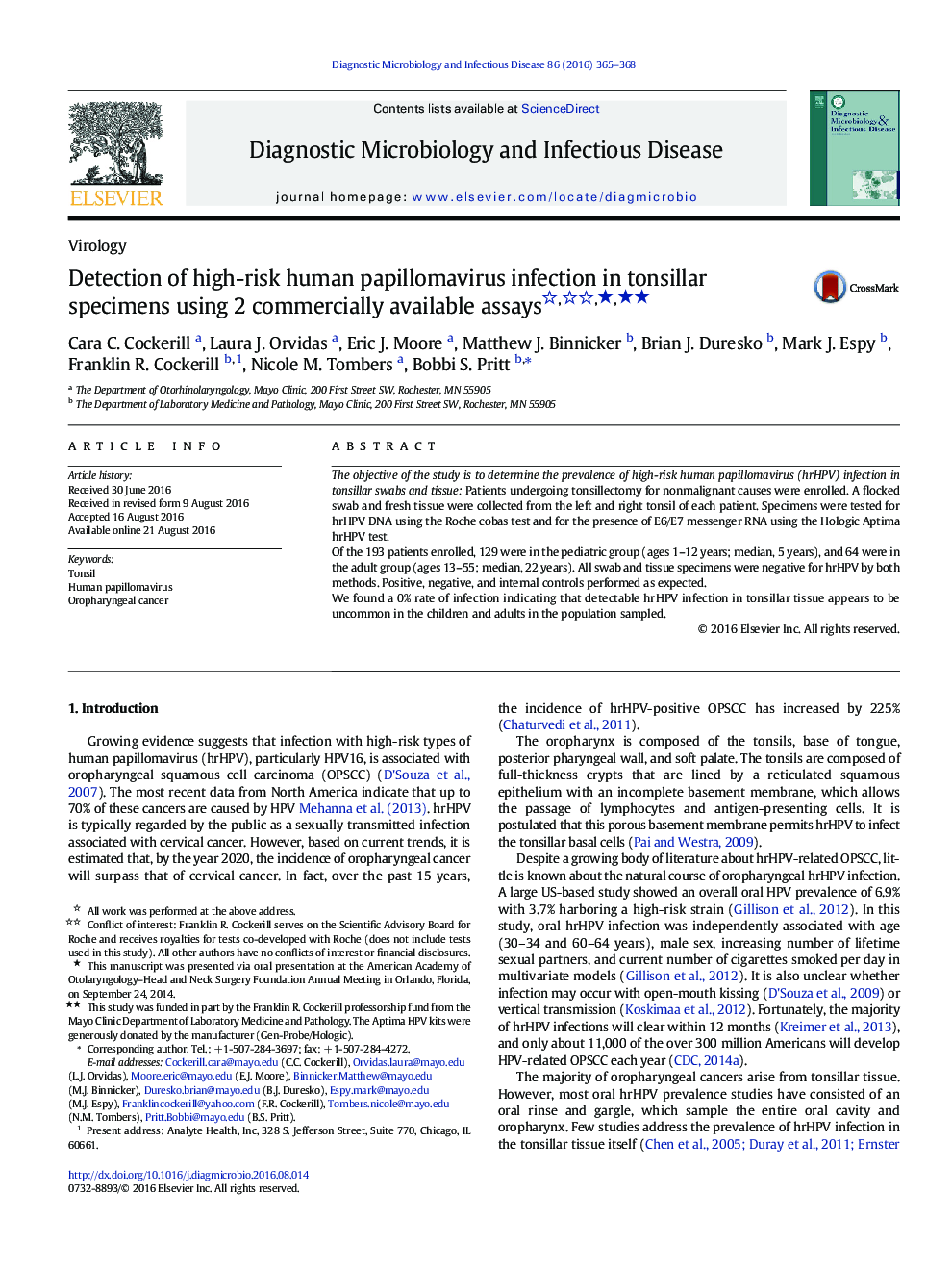 Detection of high-risk human papillomavirus infection in tonsillar specimens using 2 commercially available assaysâââ