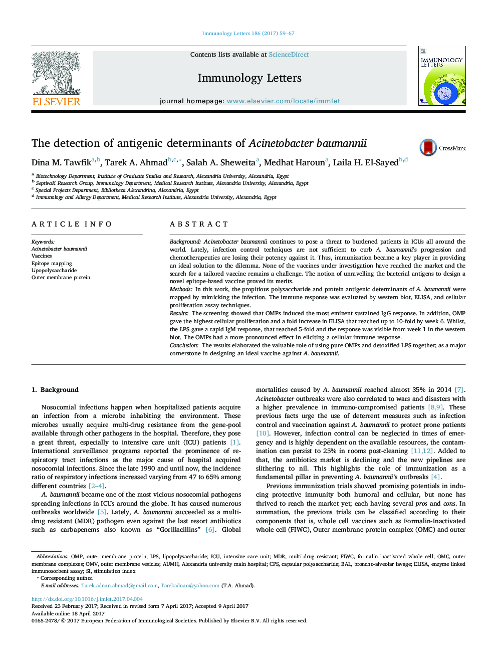 The detection of antigenic determinants of Acinetobacter baumannii