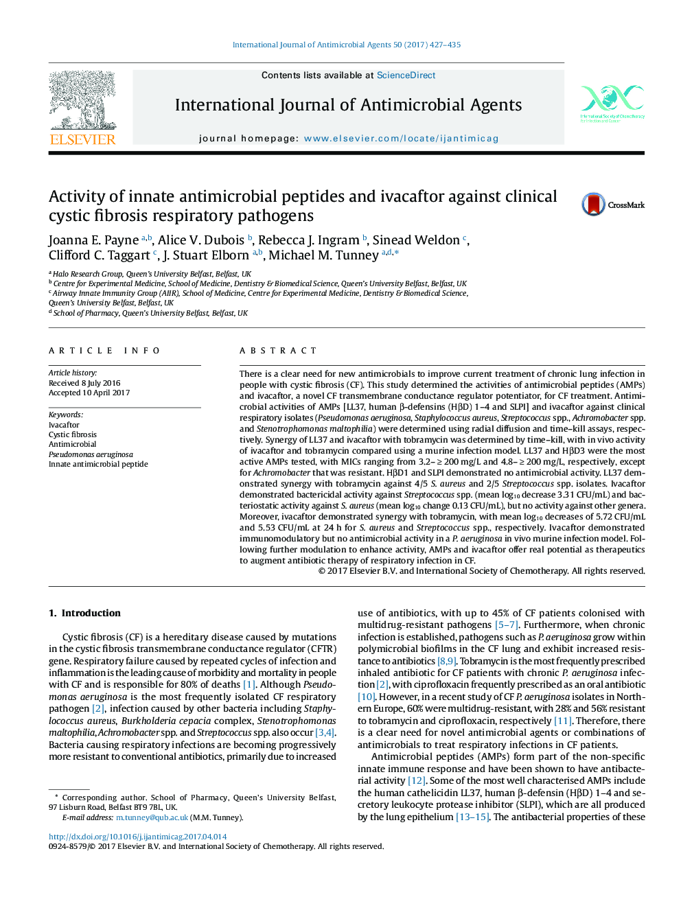 Activity of innate antimicrobial peptides and ivacaftor against clinical cystic fibrosis respiratory pathogens
