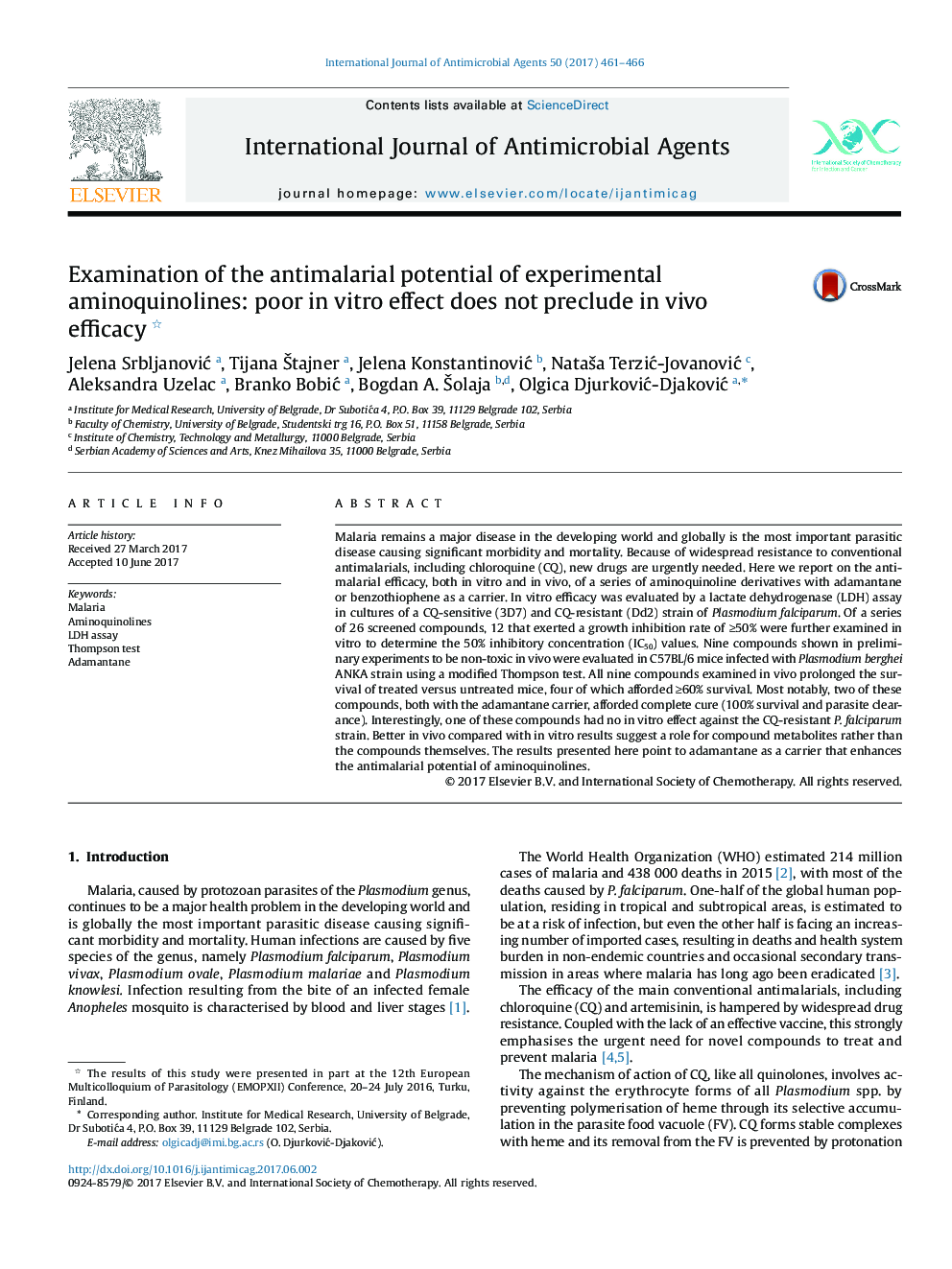 Examination of the antimalarial potential of experimental aminoquinolines: poor in vitro effect does not preclude in vivo efficacy