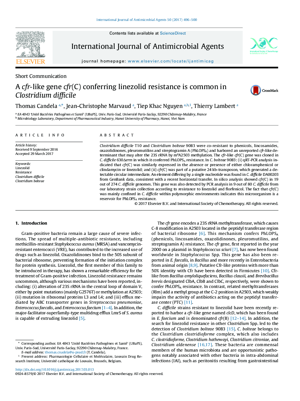 A cfr-like gene cfr(C) conferring linezolid resistance is common in Clostridium difficile