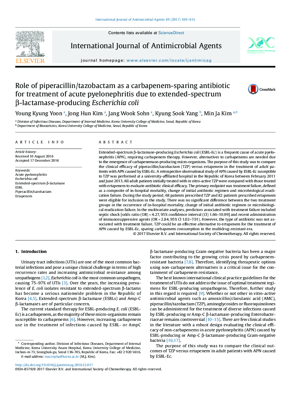 Role of piperacillin/tazobactam as a carbapenem-sparing antibiotic for treatment of acute pyelonephritis due to extended-spectrum Î²-lactamase-producing Escherichia coli