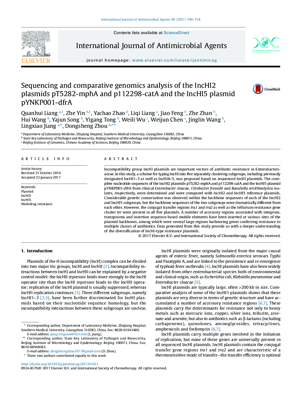 Sequencing and comparative genomics analysis of the IncHI2 plasmids pT5282-mphA and p112298-catA and the IncHI5 plasmid pYNKP001-dfrA