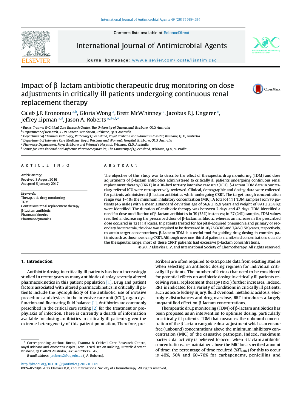 Impact of Î²-lactam antibiotic therapeutic drug monitoring on dose adjustments in critically ill patients undergoing continuous renal replacement therapy