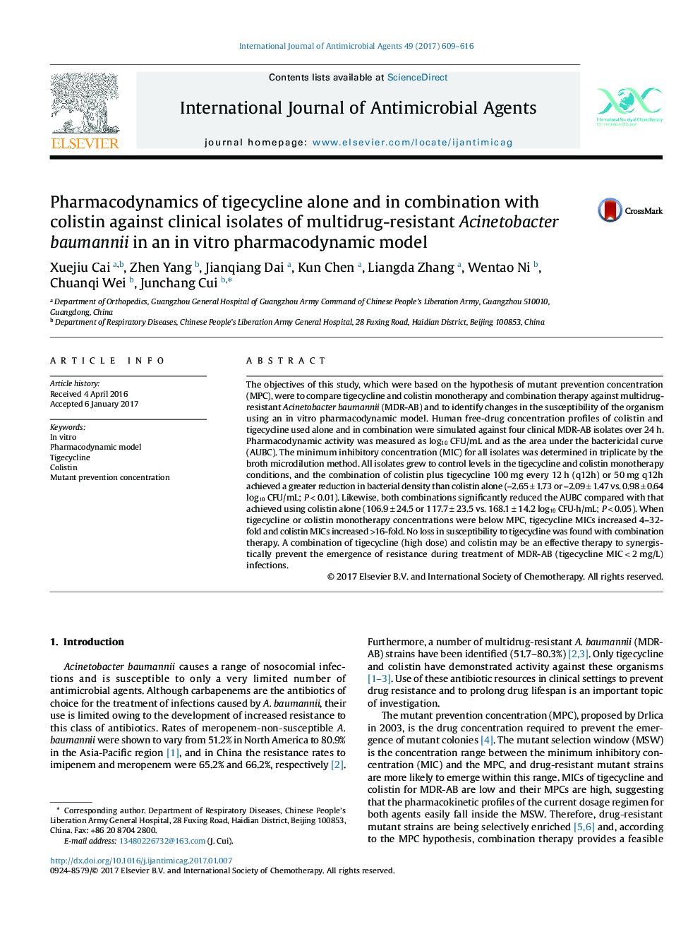 Pharmacodynamics of tigecycline alone and in combination with colistin against clinical isolates of multidrug-resistant Acinetobacter baumannii in an in vitro pharmacodynamic model