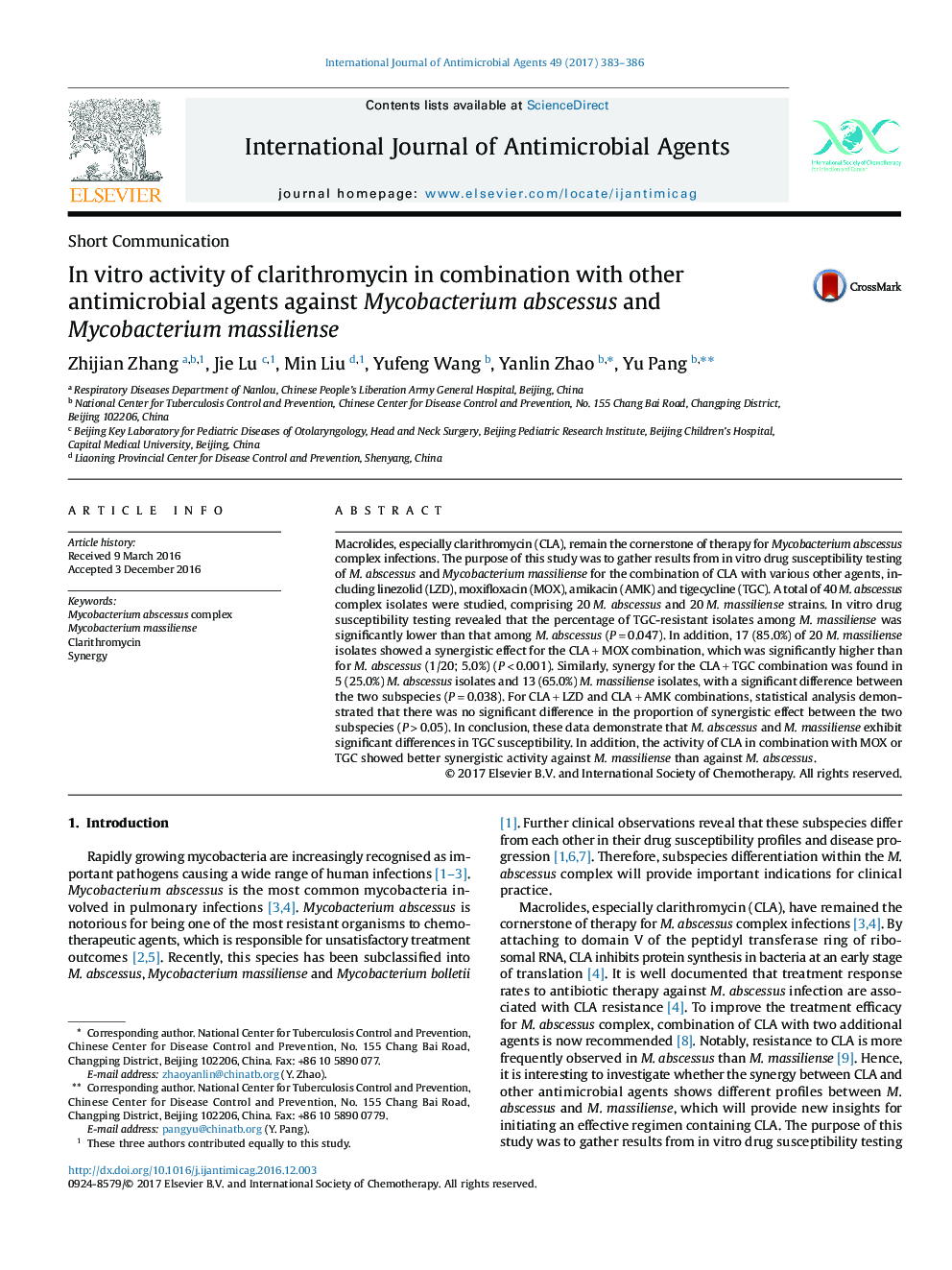 In vitro activity of clarithromycin in combination with other antimicrobial agents against Mycobacterium abscessus and Mycobacterium massiliense