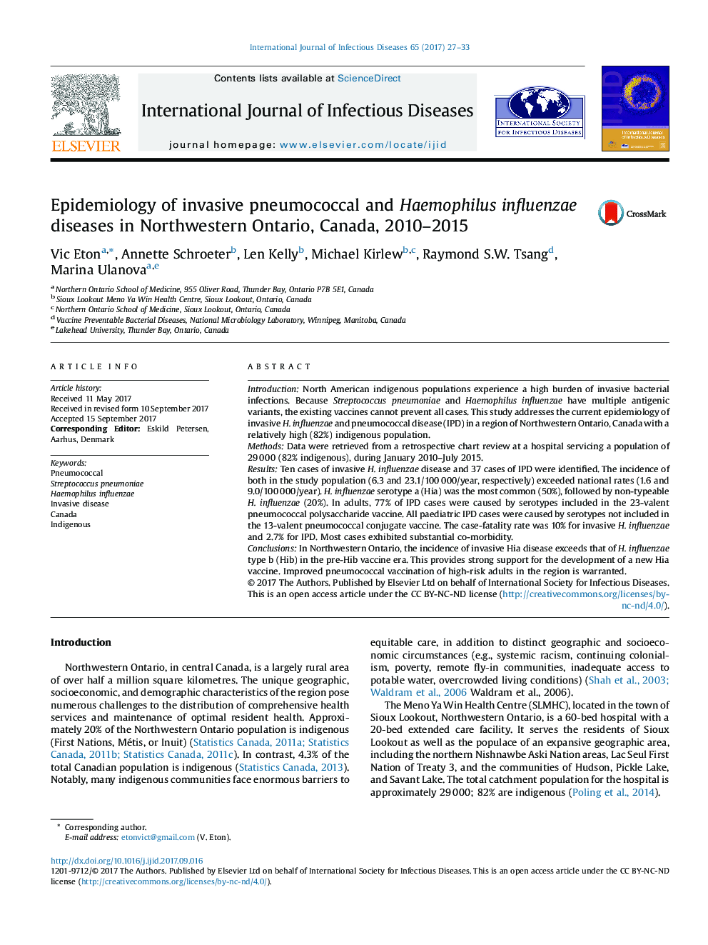 اپیدمیولوژی بیماری های پنوموکوک و پنوموکیلوس آنفلوآنزای تهاجمی در شمال غربی انتاریو، کانادا، 2010-2015 