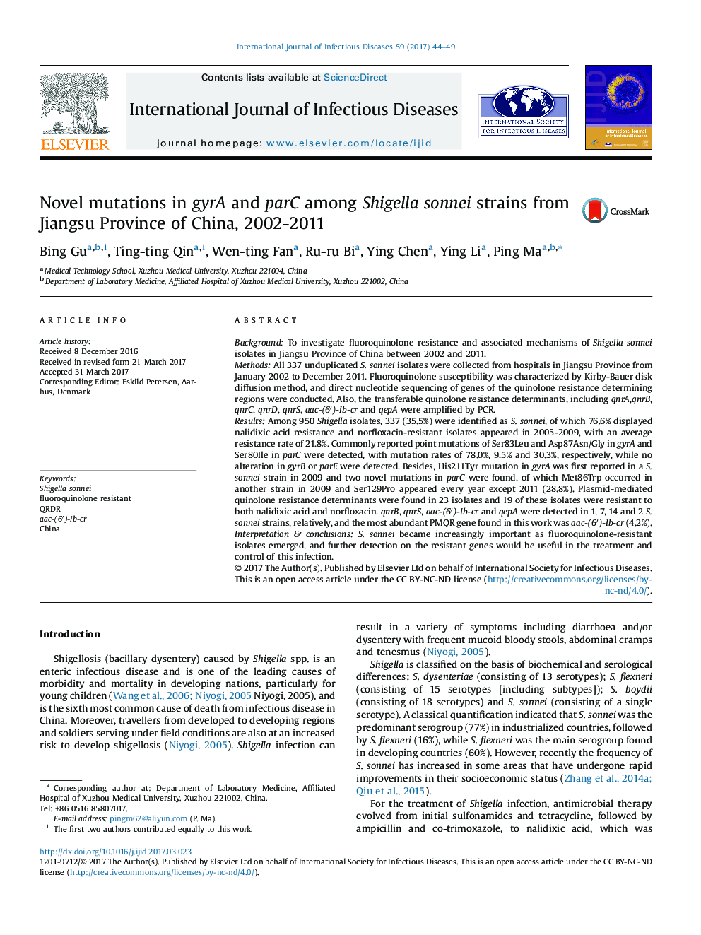 Novel mutations in gyrA and parC among Shigella sonnei strains from Jiangsu Province of China, 2002-2011