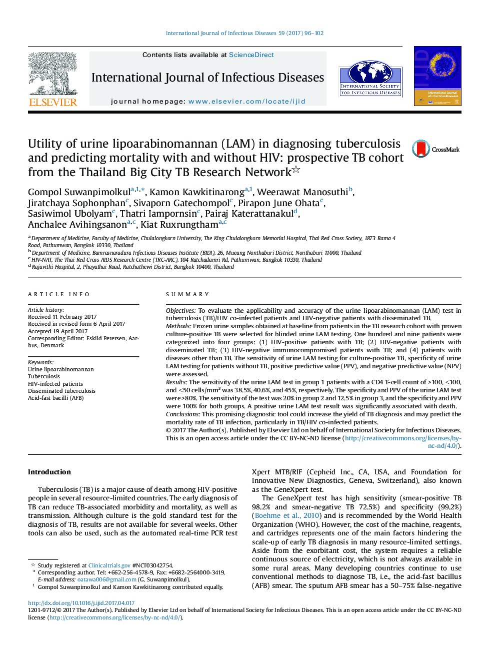 Utility of urine lipoarabinomannan (LAM) in diagnosing tuberculosis and predicting mortality with and without HIV: prospective TB cohort from the Thailand Big City TB Research Network