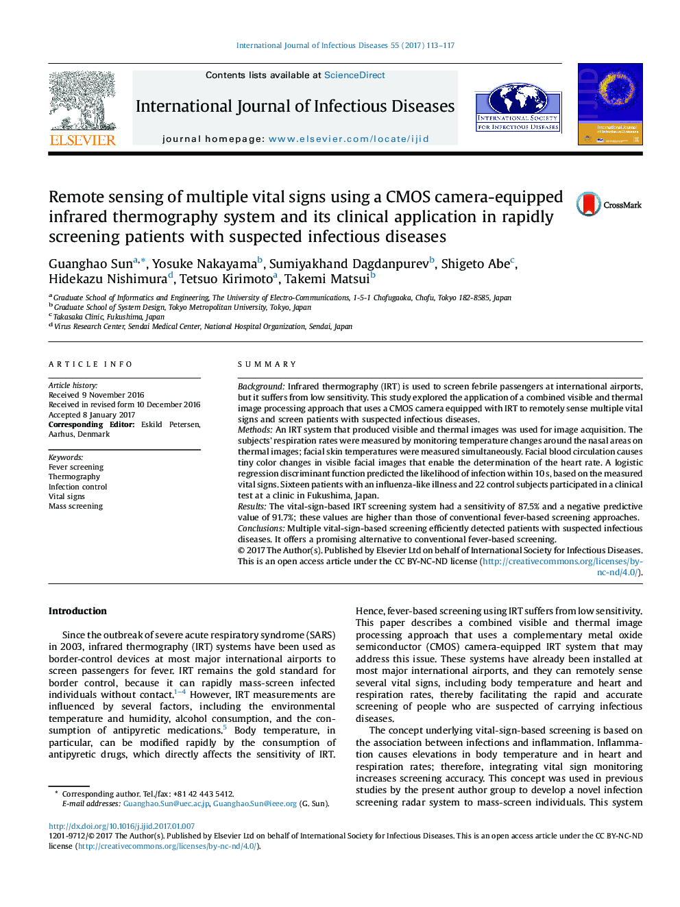 Remote sensing of multiple vital signs using a CMOS camera-equipped infrared thermography system and its clinical application in rapidly screening patients with suspected infectious diseases
