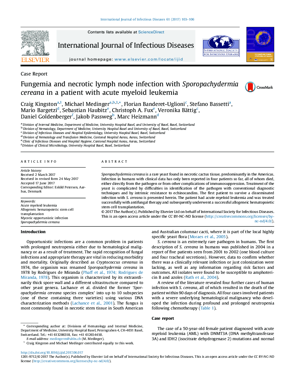 Fungemia and necrotic lymph node infection with Sporopachydermia cereana in a patient with acute myeloid leukemia