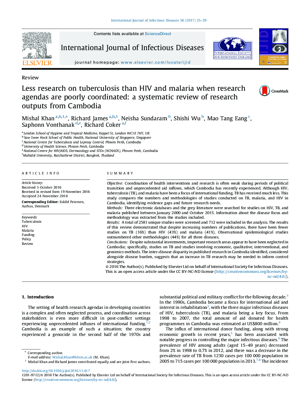 تحقیقات کمتر در مورد سل در مقایسه با اچ آی وی و مالاریا زمانی که برنامه های پژوهشی کم هماهنگ هستند: بررسی سیستماتیک از نتایج تحقیقات از کامبوج 