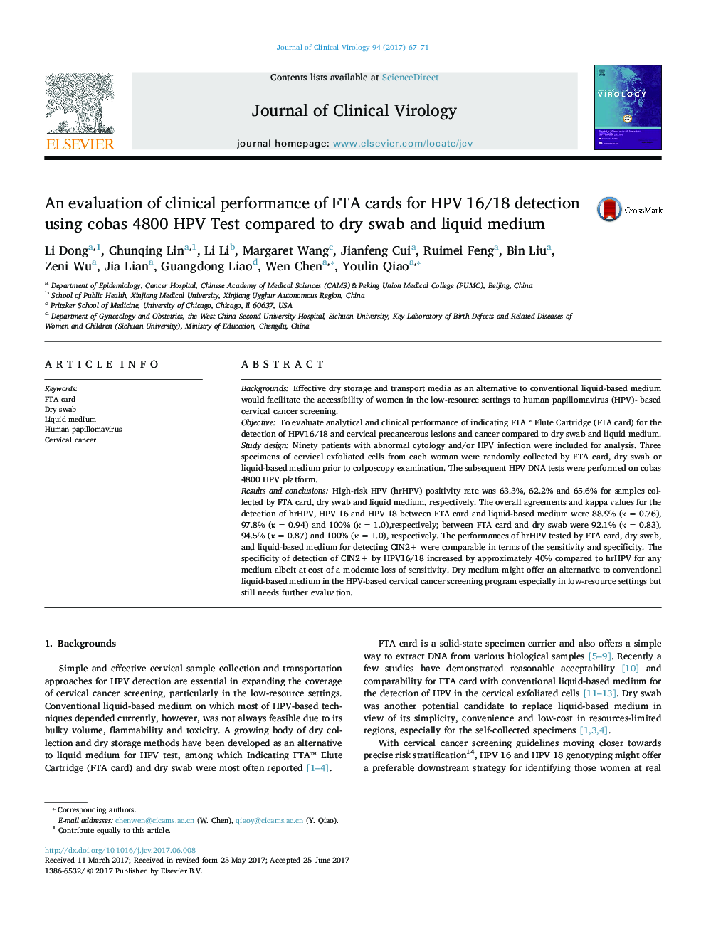 An evaluation of clinical performance of FTA cards for HPV 16/18 detection using cobas 4800 HPV Test compared to dry swab and liquid medium