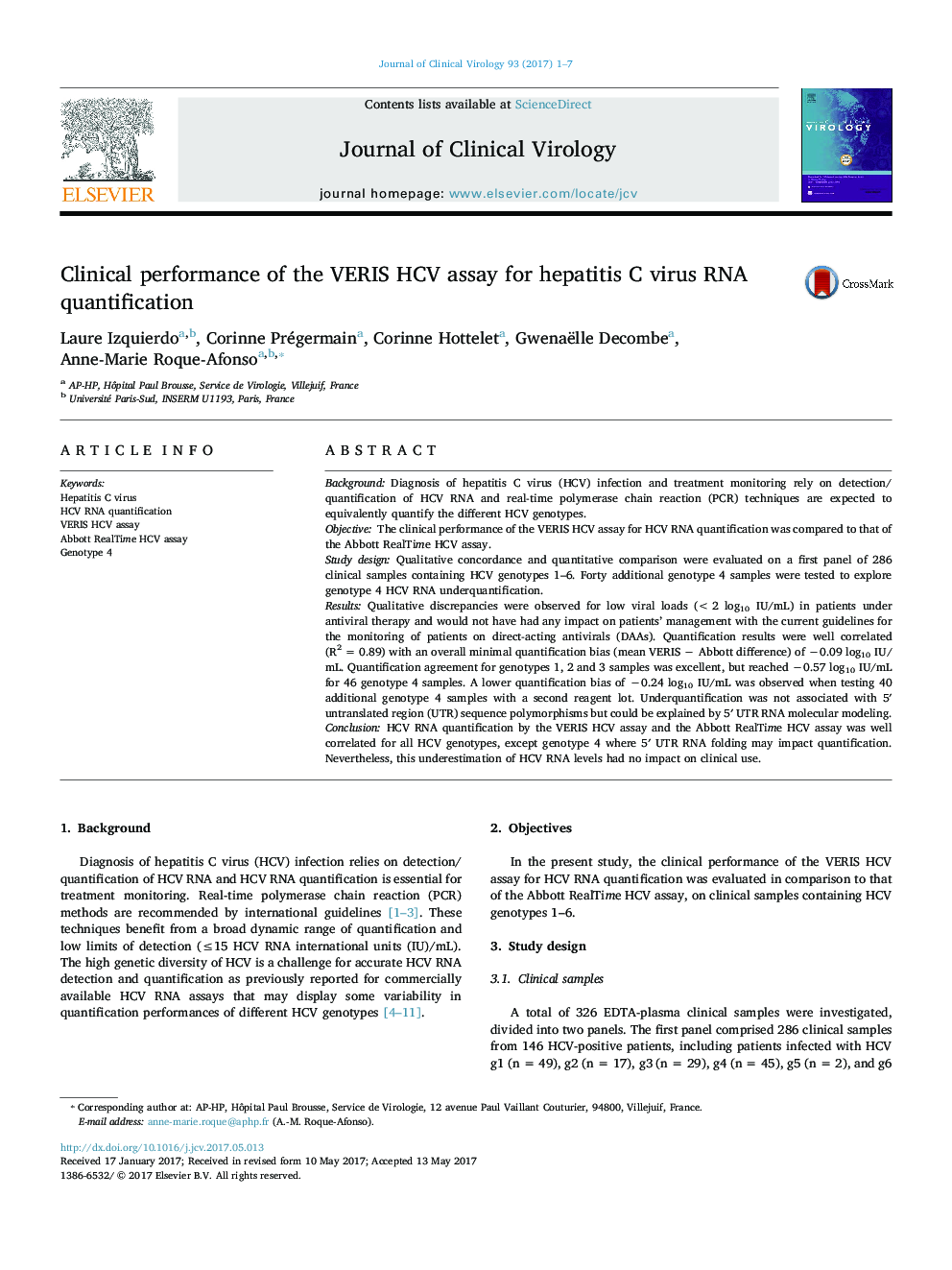 Clinical performance of the VERIS HCV assay for hepatitis C virus RNA quantification