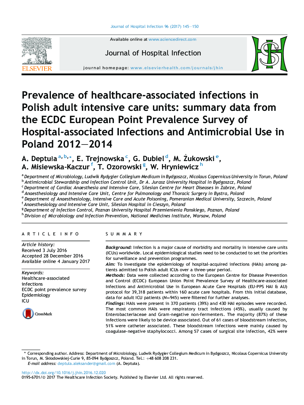 Prevalence of healthcare-associated infections in Polish adult intensive care units: summary data from the ECDC European Point Prevalence Survey of Hospital-associated Infections and Antimicrobial Use in Poland 2012-2014