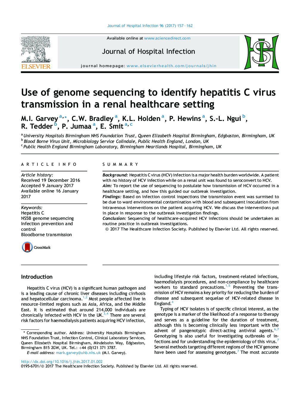 Use of genome sequencing to identify hepatitis C virus transmission in a renal healthcare setting