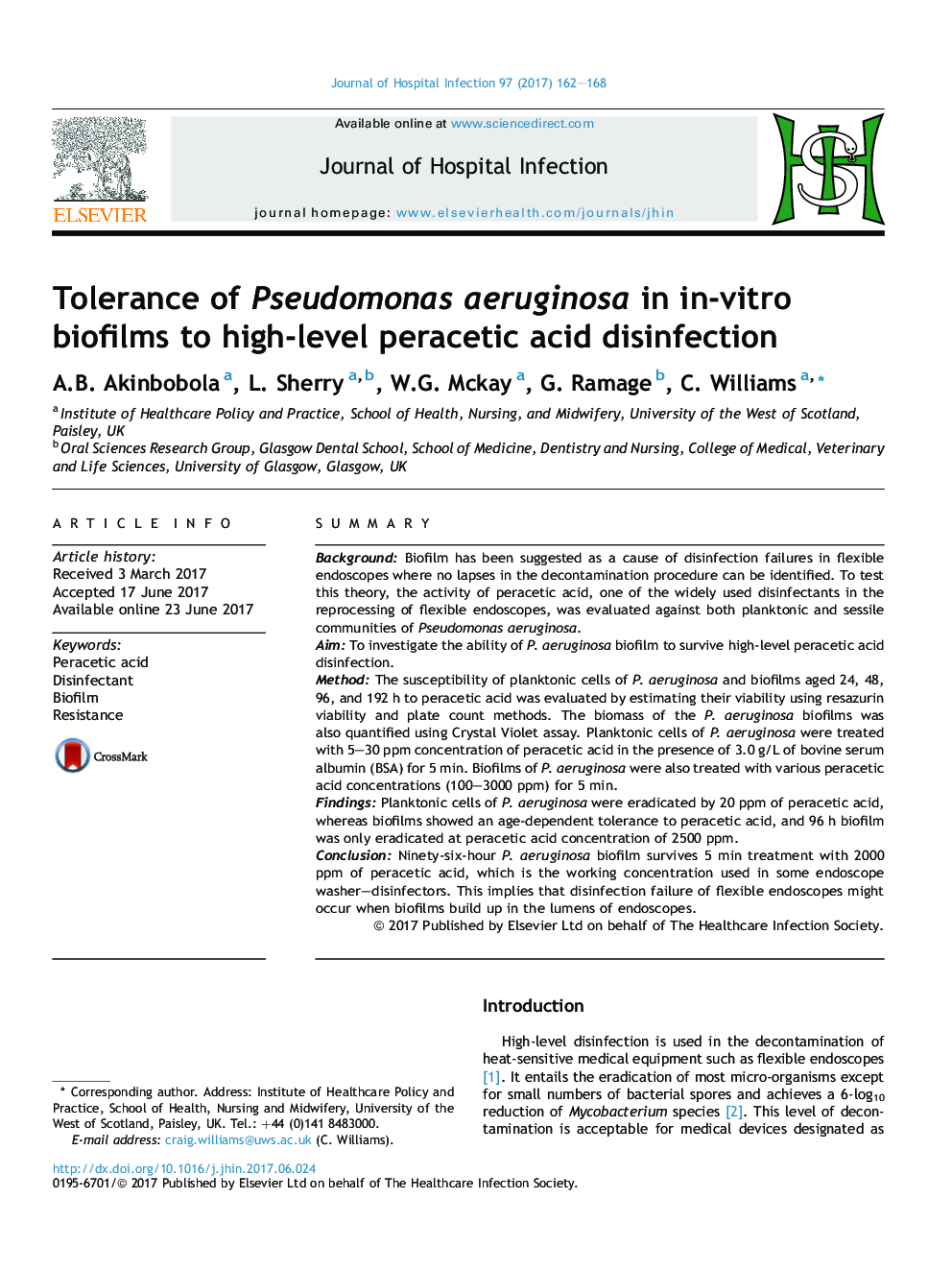 Tolerance of Pseudomonas aeruginosa in in-vitro biofilms to high-level peracetic acid disinfection