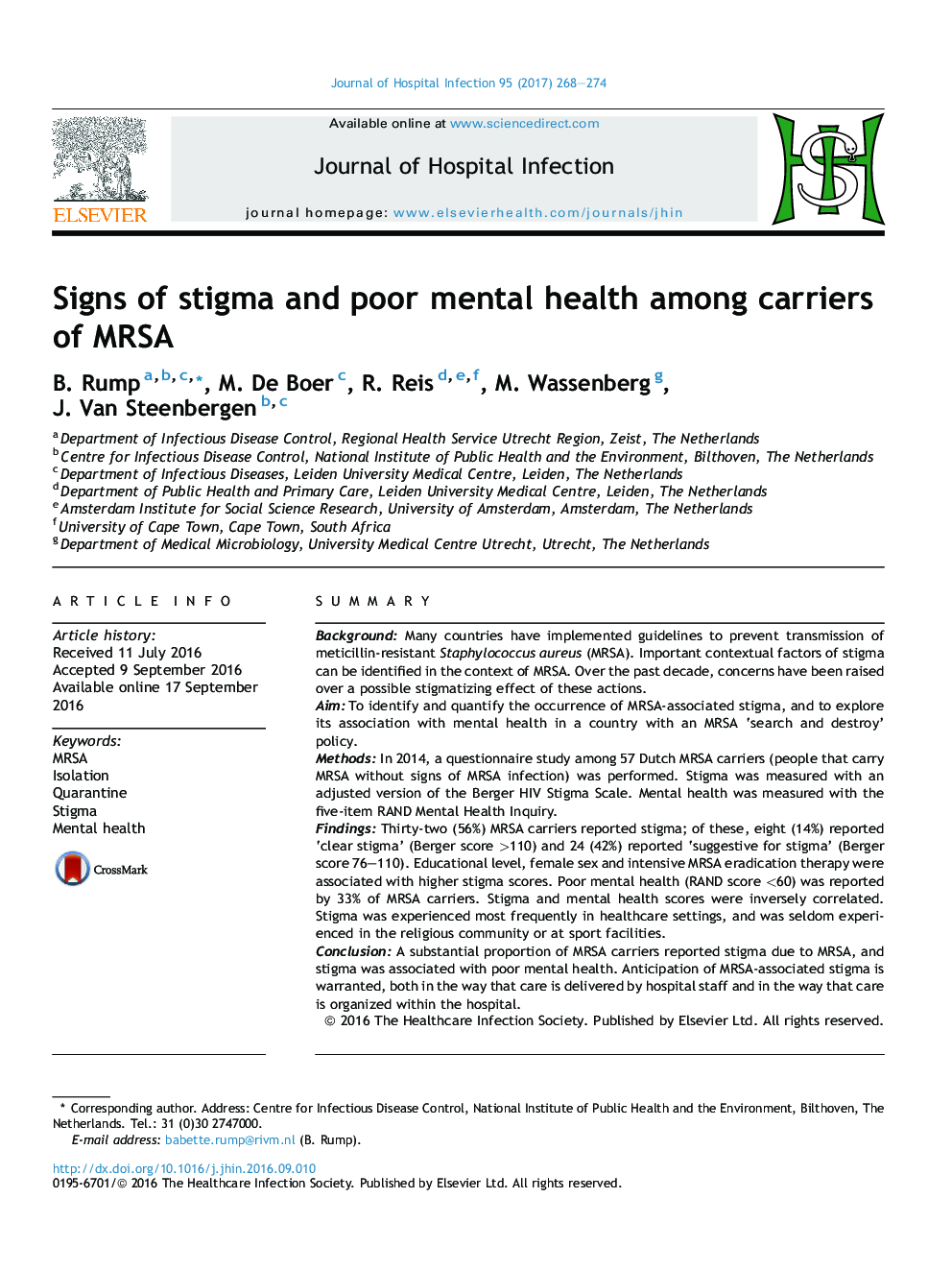 Signs of stigma and poor mental health among carriers of MRSA