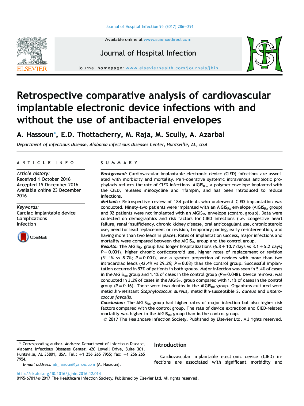 Retrospective comparative analysis of cardiovascular implantable electronic device infections with and without the use of antibacterial envelopes