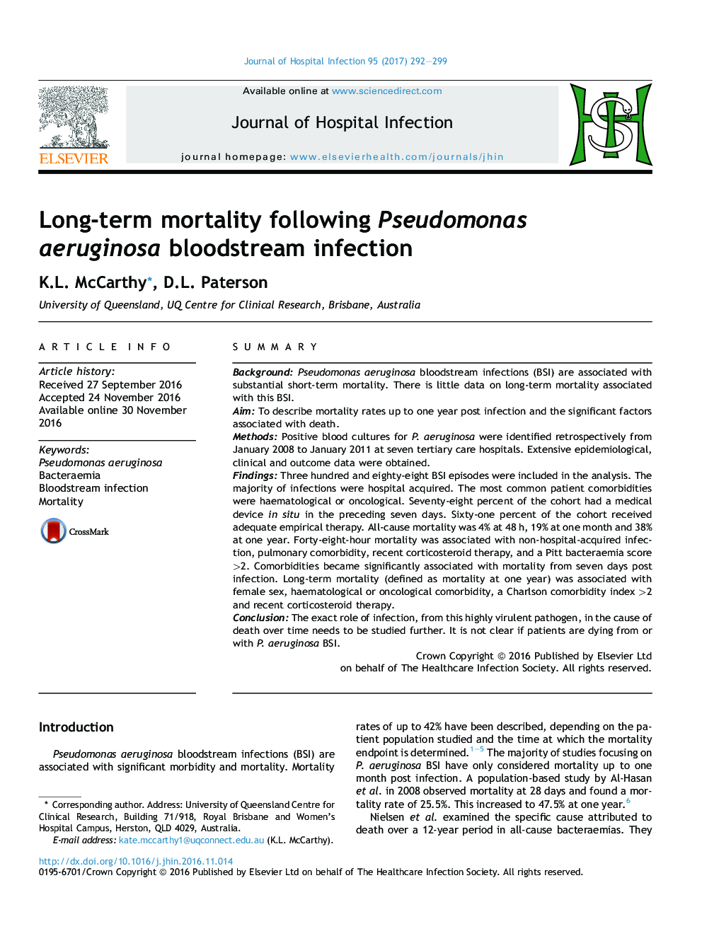 Long-term mortality following Pseudomonas aeruginosa bloodstream infection