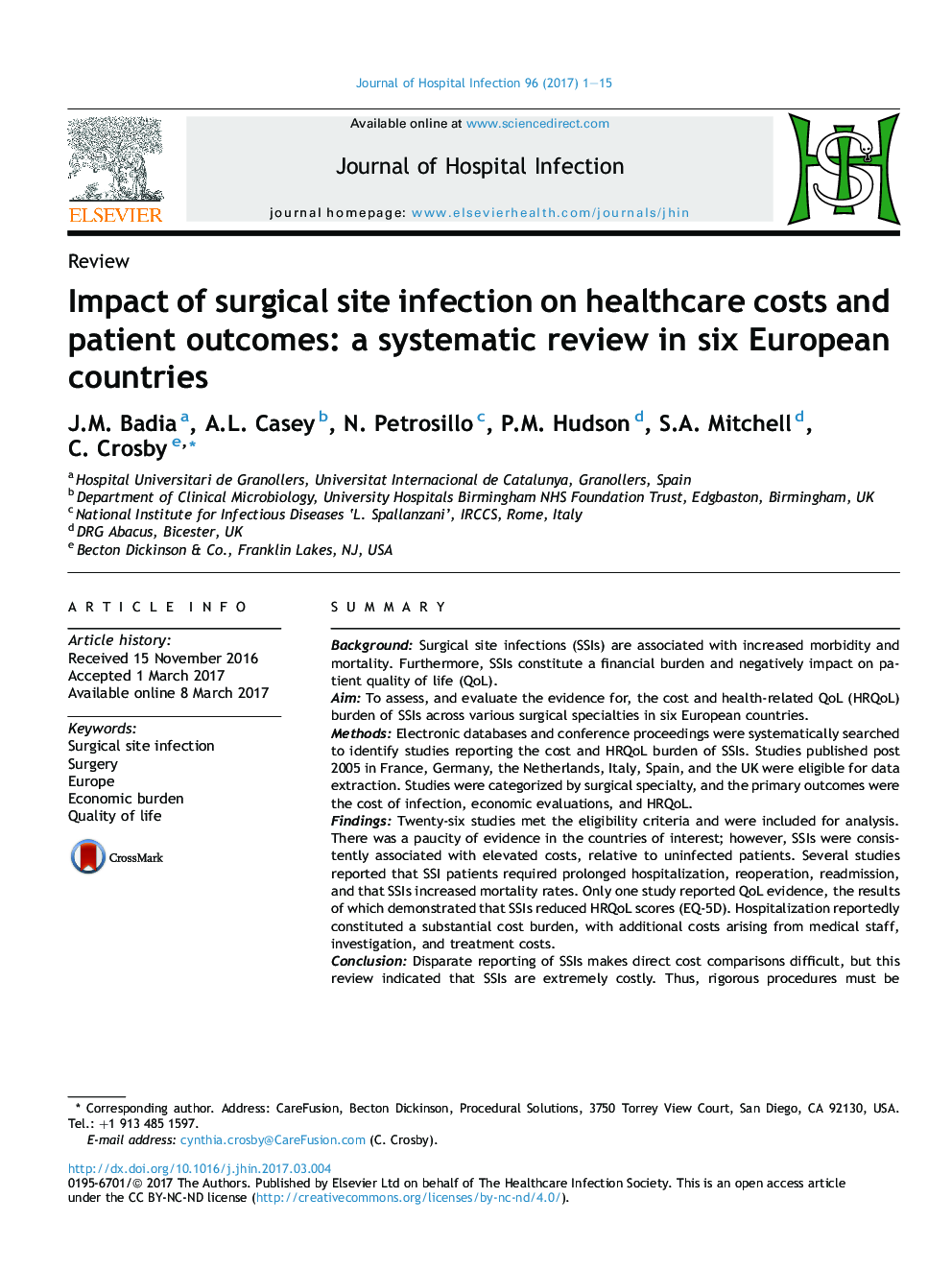 تأثیر عفونت محل جراحی در هزینه های مراقبت های بهداشتی و نتایج بیماران: بررسی سیستماتیک در شش کشور اروپایی 