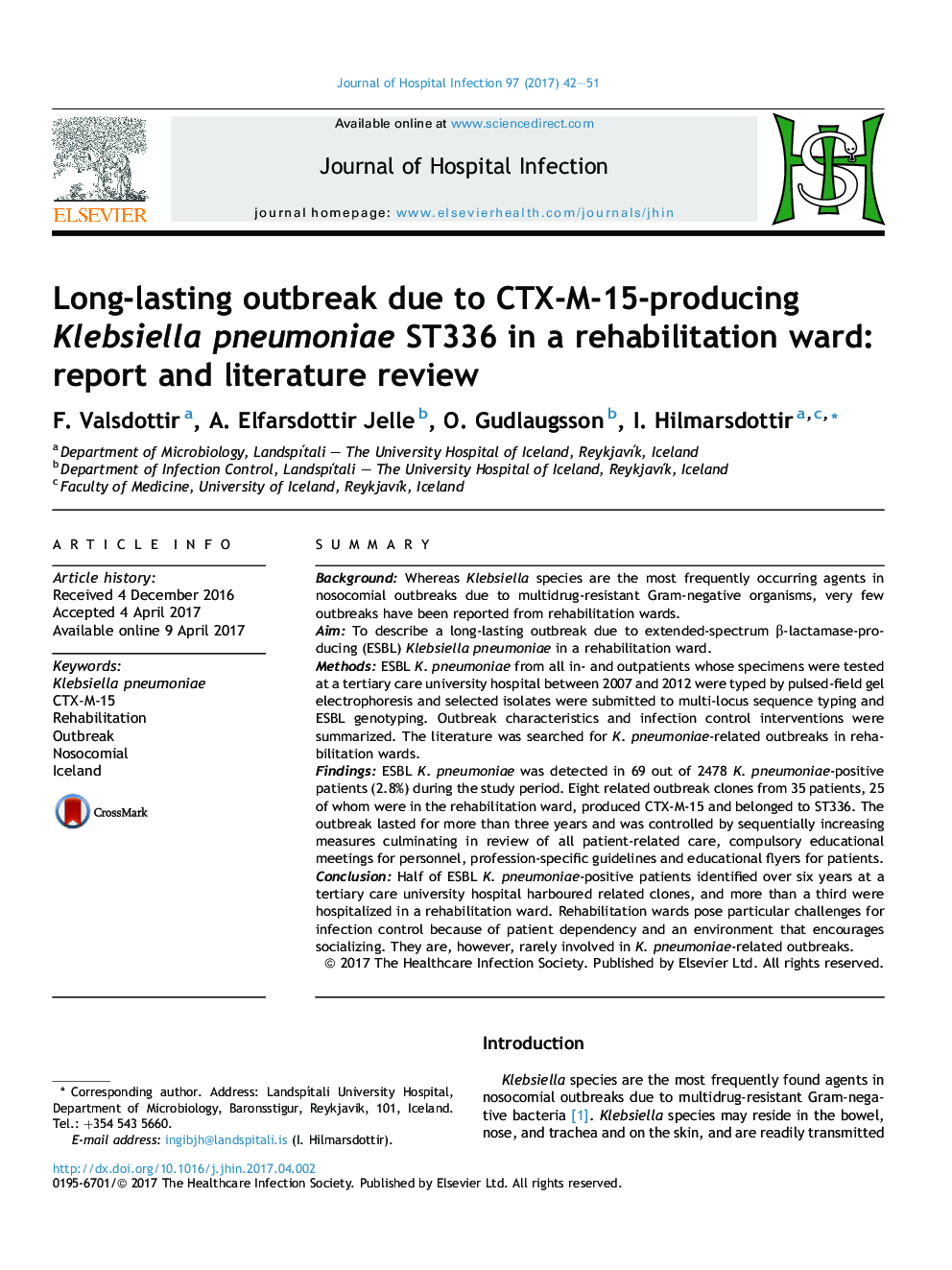 Long-lasting outbreak due to CTX-M-15-producing Klebsiella pneumoniae ST336 in a rehabilitation ward: report and literature review