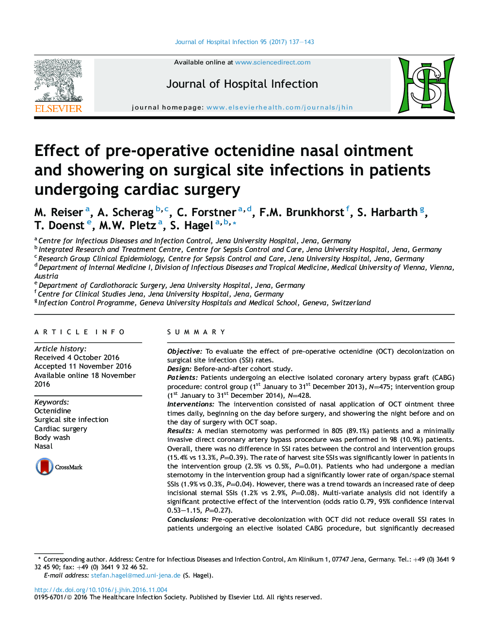 Effect of pre-operative octenidine nasal ointment andÂ showering on surgical site infections in patients undergoing cardiac surgery