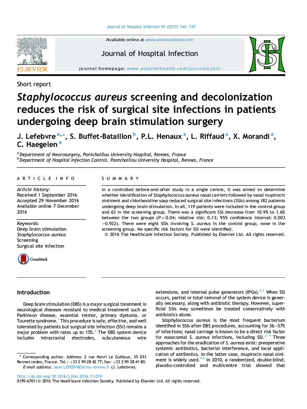 Staphylococcus aureus screening and decolonization reduces the risk of surgical site infections in patients undergoing deep brain stimulation surgery