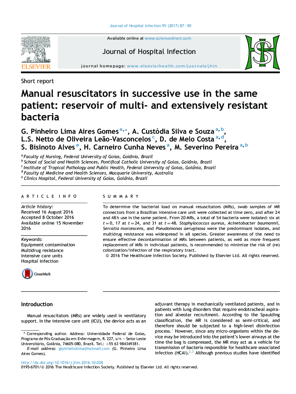 Manual resuscitators in successive use in the same patient: reservoir of multi- and extensively resistant bacteria
