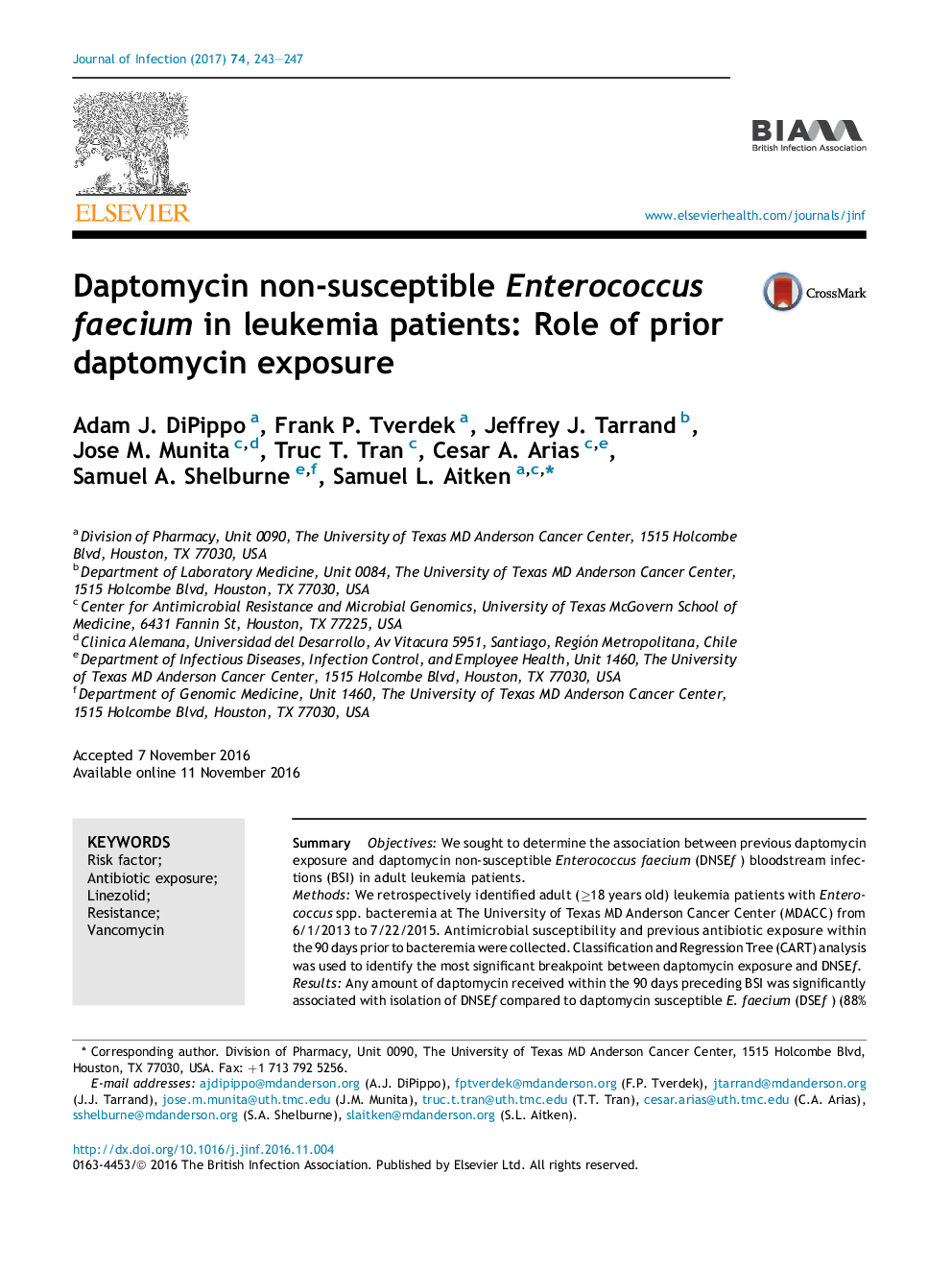 Daptomycin non-susceptible Enterococcus faecium in leukemia patients: Role of prior daptomycin exposure