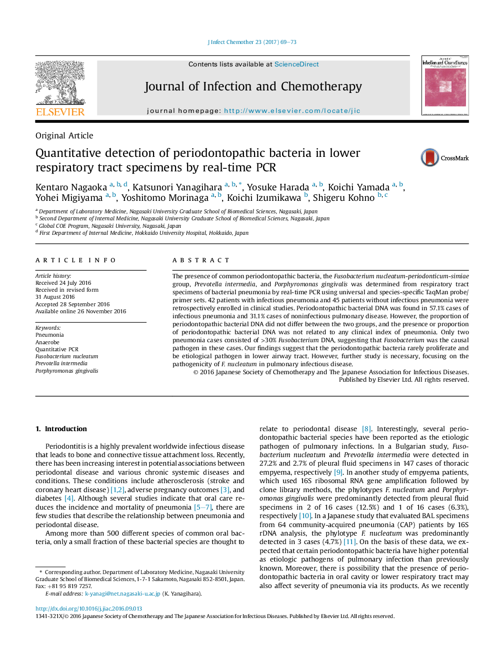 Quantitative detection of periodontopathic bacteria in lower respiratory tract specimens by real-time PCR