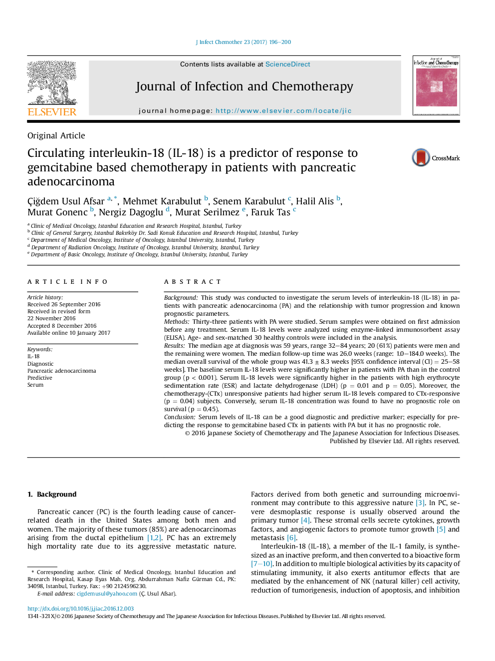 Circulating interleukin-18 (IL-18) is a predictor of response to gemcitabine based chemotherapy in patients with pancreatic adenocarcinoma