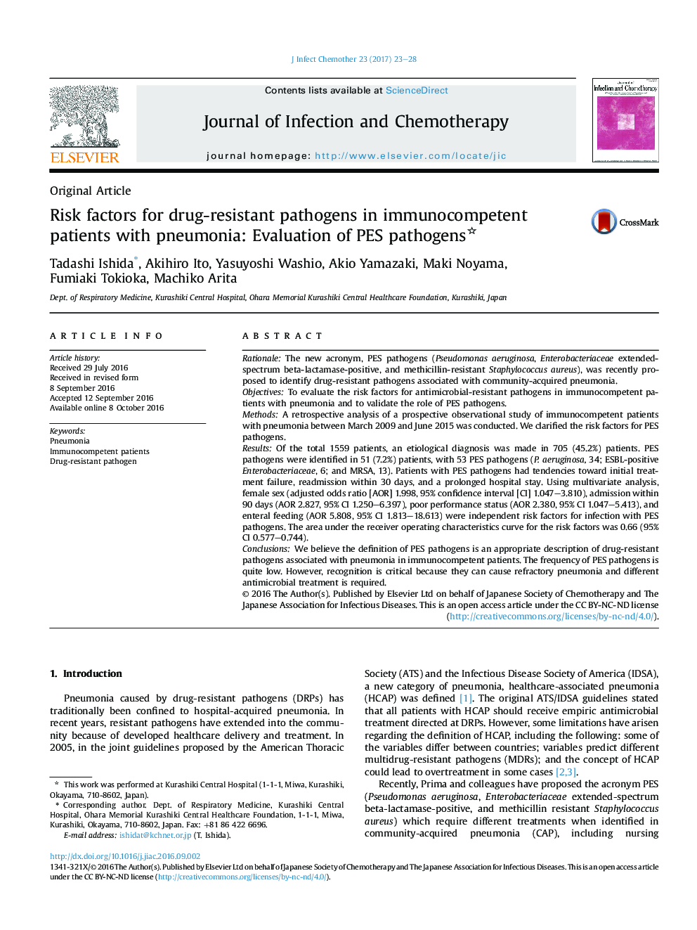 Risk factors for drug-resistant pathogens in immunocompetent patients with pneumonia: Evaluation of PES pathogens