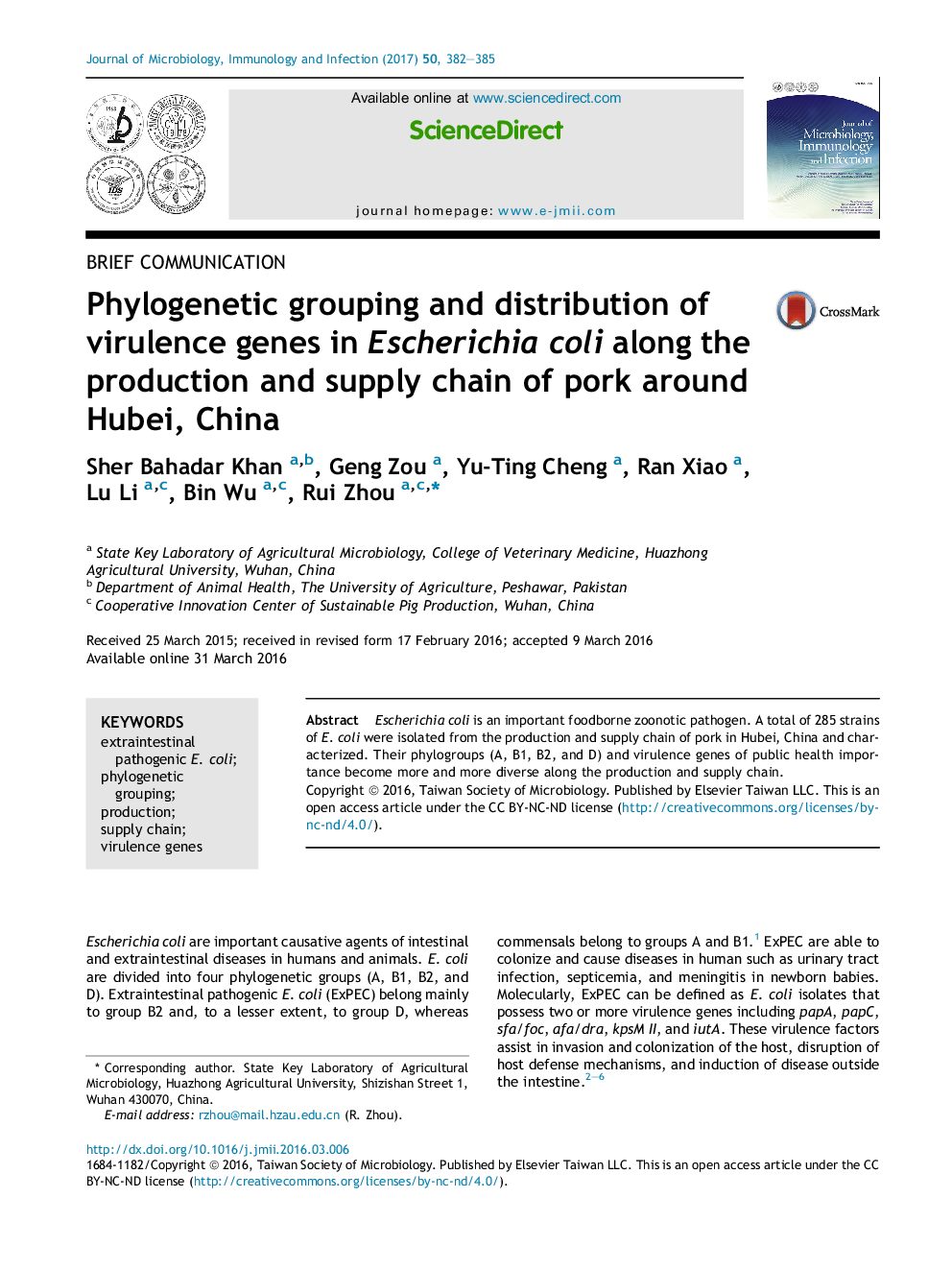 Phylogenetic grouping and distribution of virulence genes in Escherichia coli along the production and supply chain of pork around Hubei, China