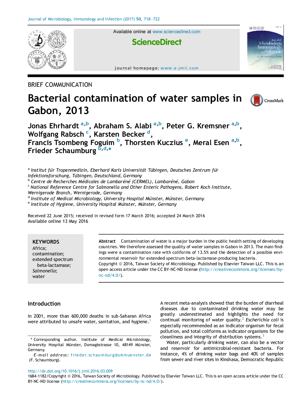آلودگی باکتریایی نمونه های آب در گابن، 2013 