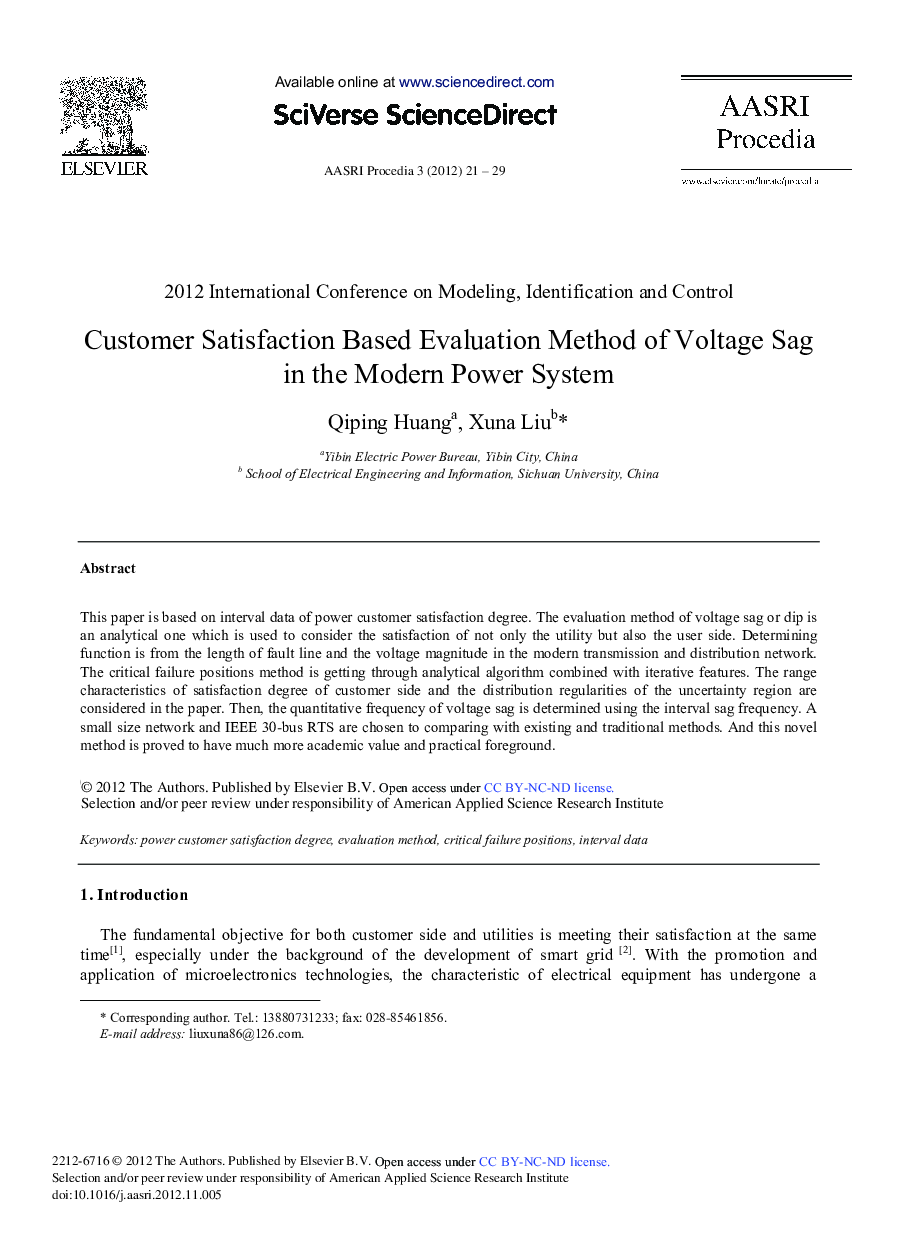 Customer Satisfaction Based Evaluation Method of Voltage Sag in the Modern Power System 