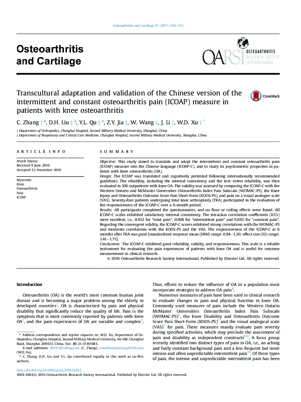 Transcultural adaptation and validation of the Chinese version of the intermittent and constant osteoarthritis pain (ICOAP) measure in patients with knee osteoarthritis