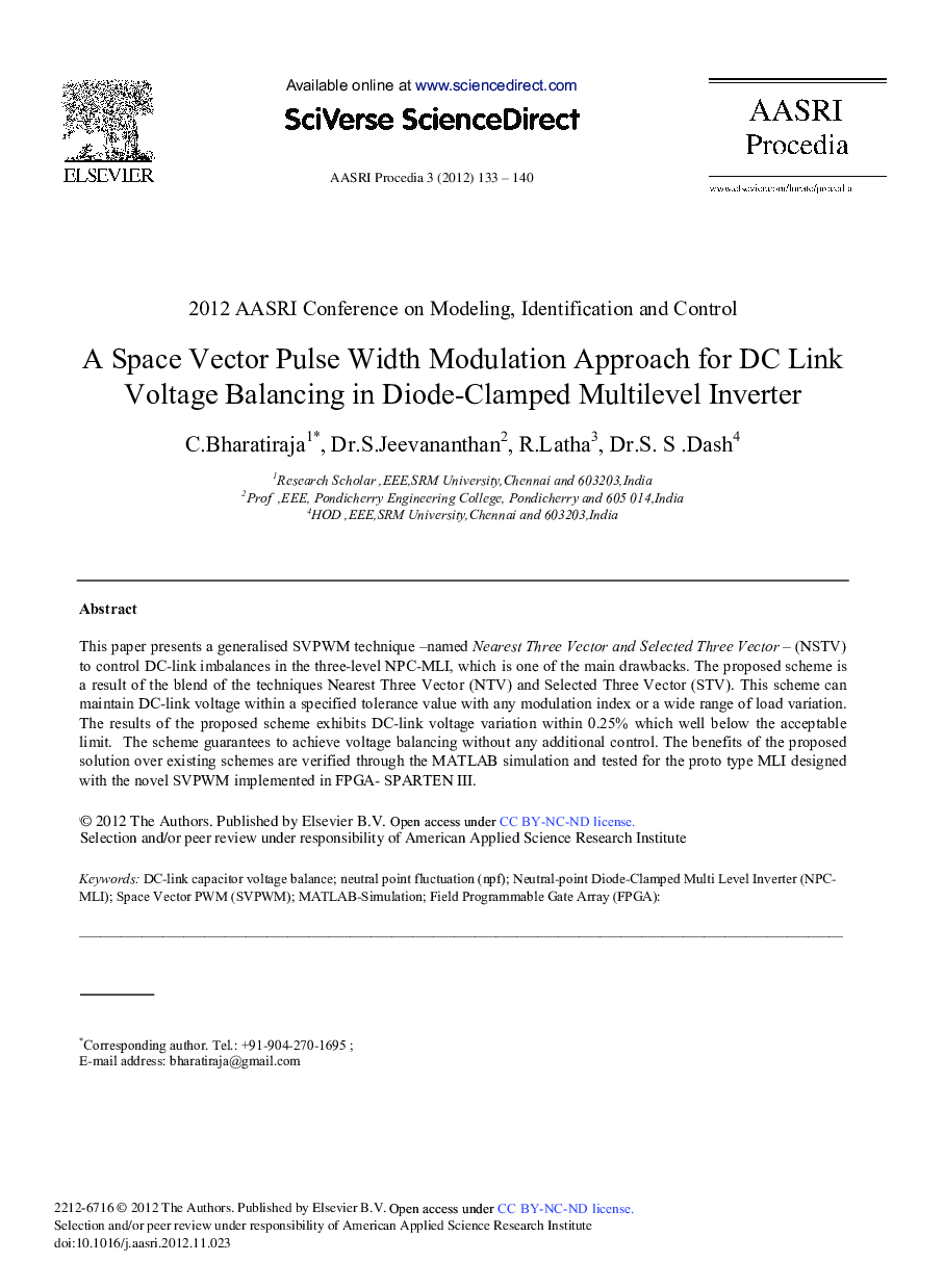 A Space Vector Pulse Width Modulation Approach for DC Link Voltage Balancing in Diode-Clamped Multilevel Inverter 