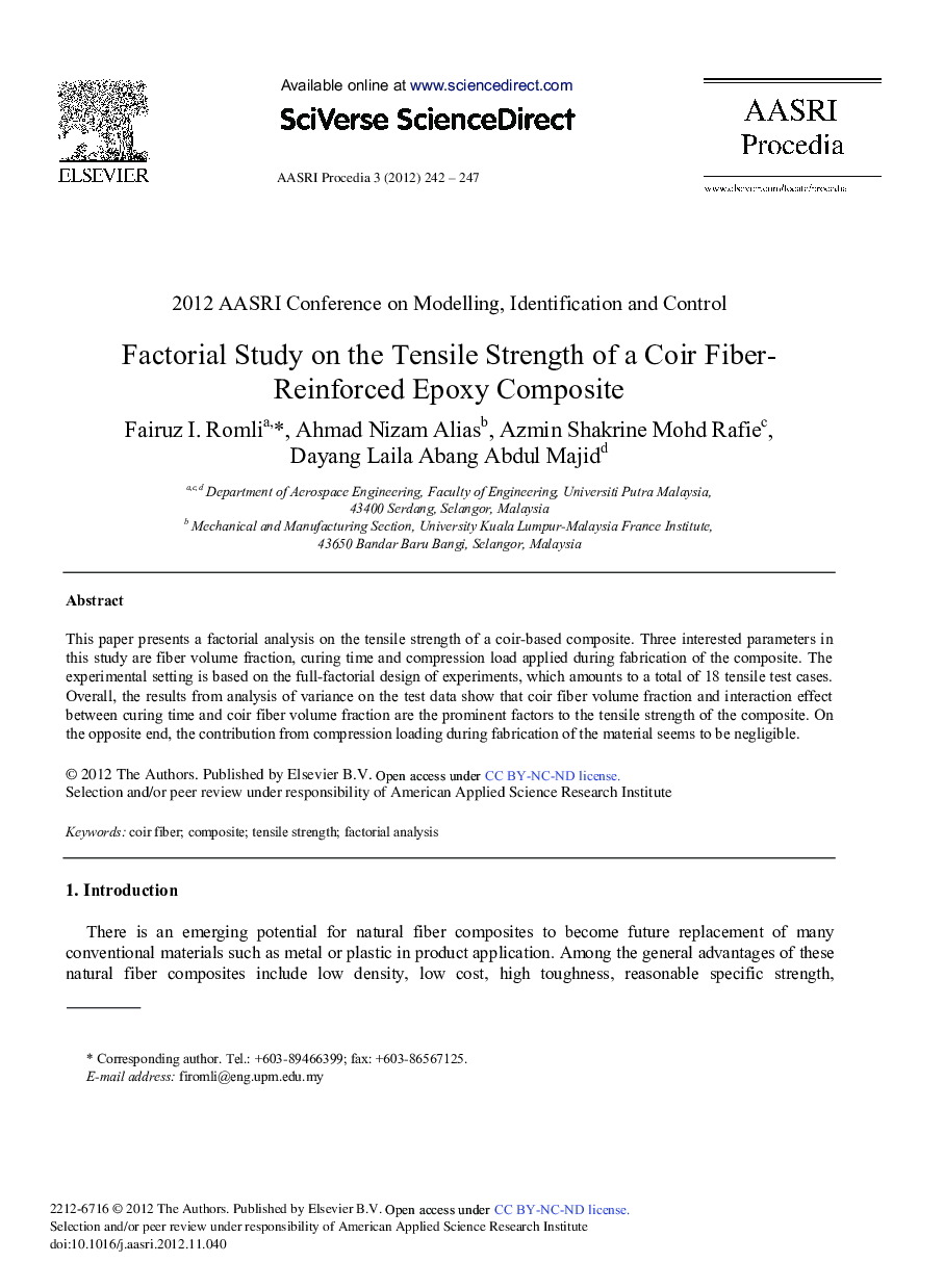Factorial Study on the Tensile Strength of a Coir Fiber-Reinforced Epoxy Composite 