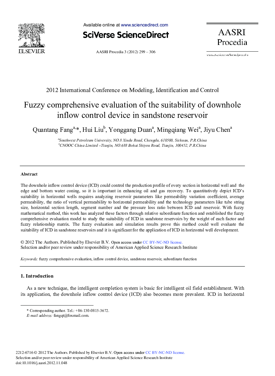 Fuzzy Comprehensive Evaluation of the Suitability of Downhole Inflow Control Device in Sandstone Reservoir 